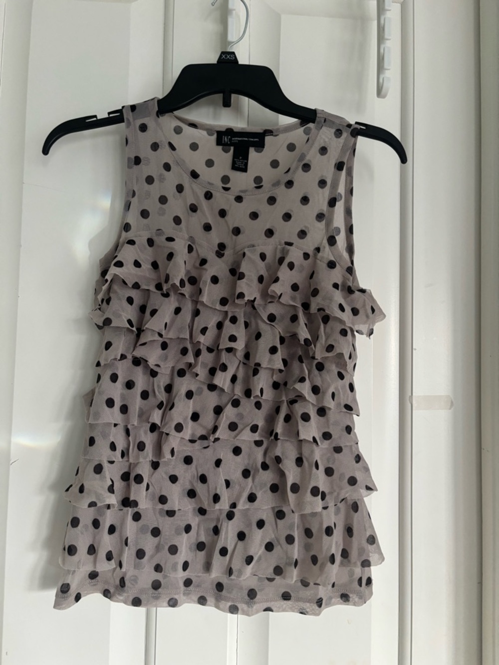 INC International Concepts Taupe Polka Dot Ruffle Sleeveless Top petite P